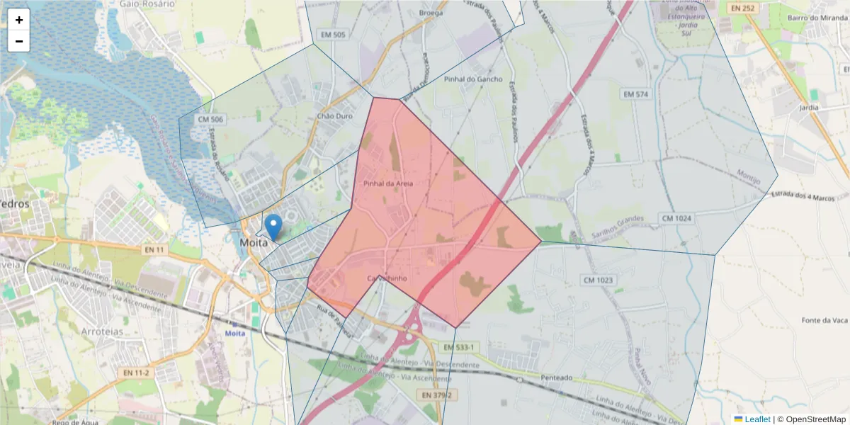 Mapa detalhado do código postal 2860-402 com limites, códigos postais vizinhos e agências dos correios