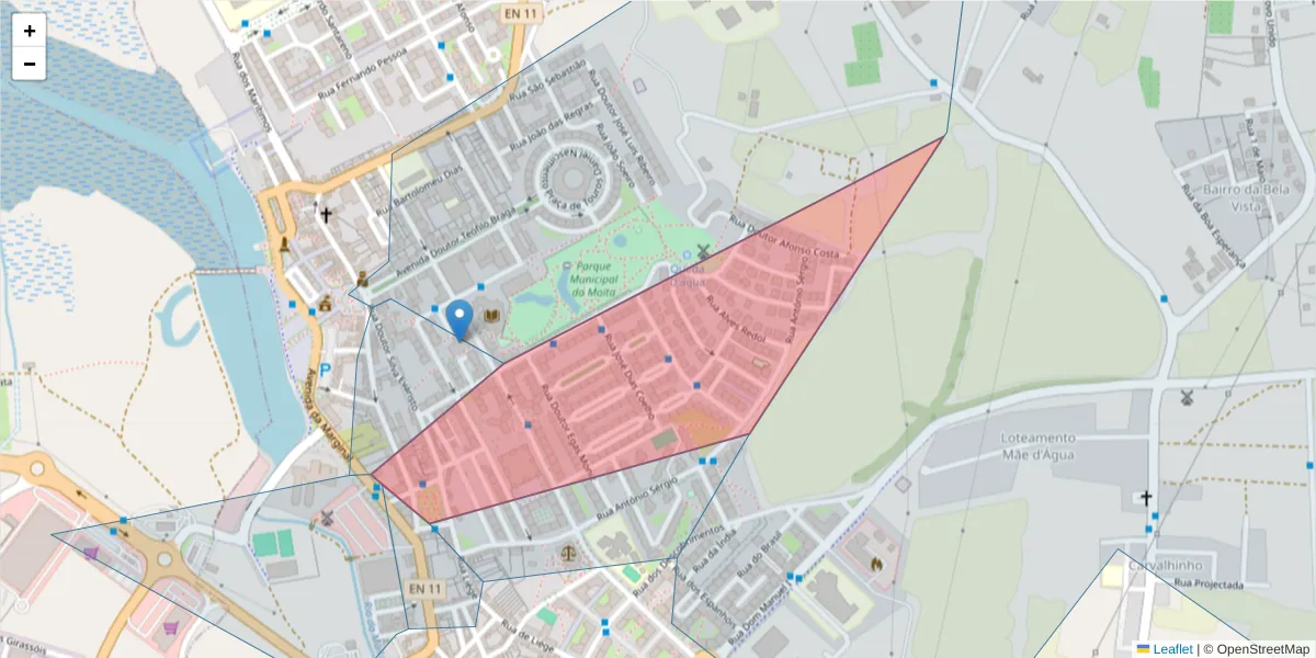 Mapa detalhado do código postal 2860-414 com limites, códigos postais vizinhos e agências dos correios
