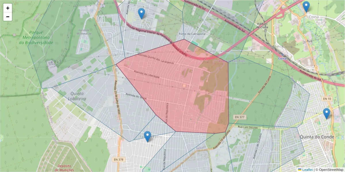 Mapa detalhado do código postal 2865-065 com limites, códigos postais vizinhos e agências dos correios