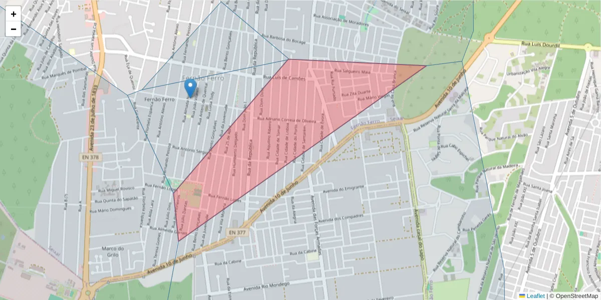 Mapa detalhado do código postal 2865-634 com limites, códigos postais vizinhos e agências dos correios