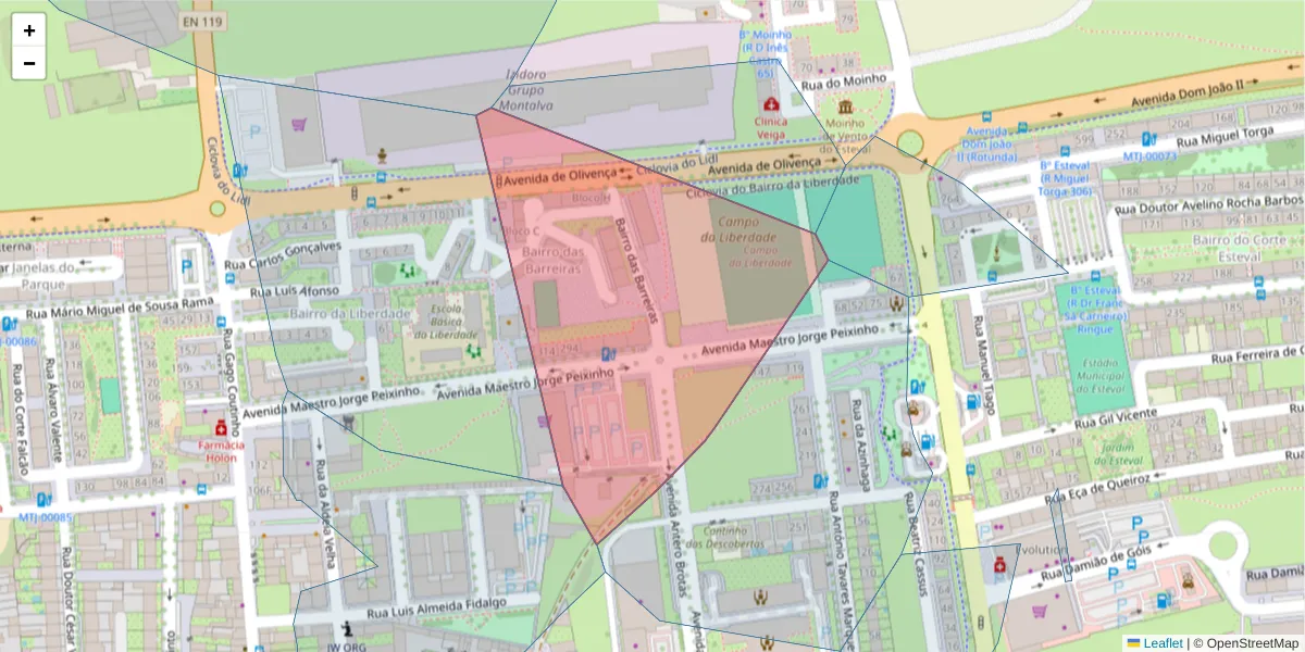 Mapa detalhado do código postal 2870-106 com limites, códigos postais vizinhos e agências dos correios