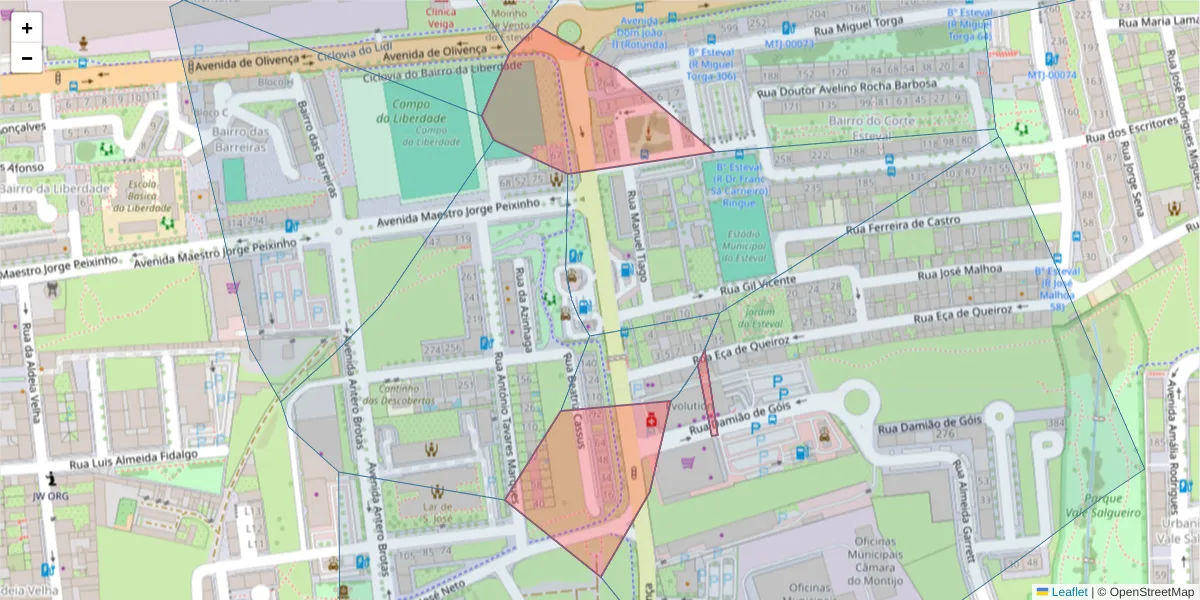 Mapa detalhado do código postal 2870-108 com limites, códigos postais vizinhos e agências dos correios