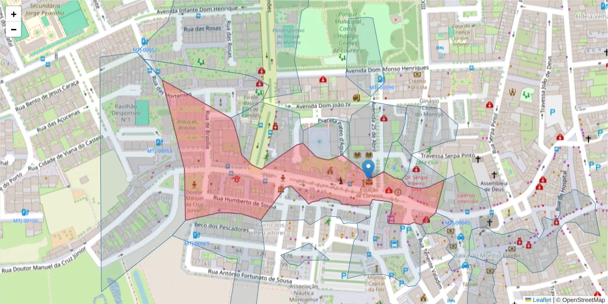 Mapa detalhado do código postal 2870-114 com limites, códigos postais vizinhos e agências dos correios