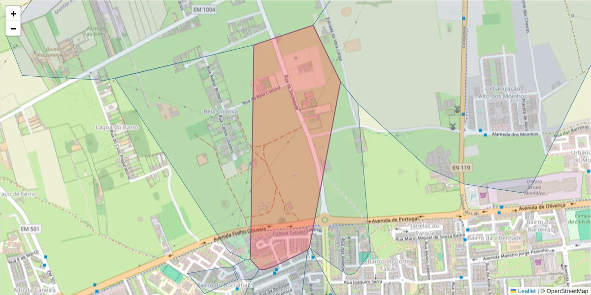 Mapa detalhado do código postal 2870-128 com limites, códigos postais vizinhos e agências dos correios