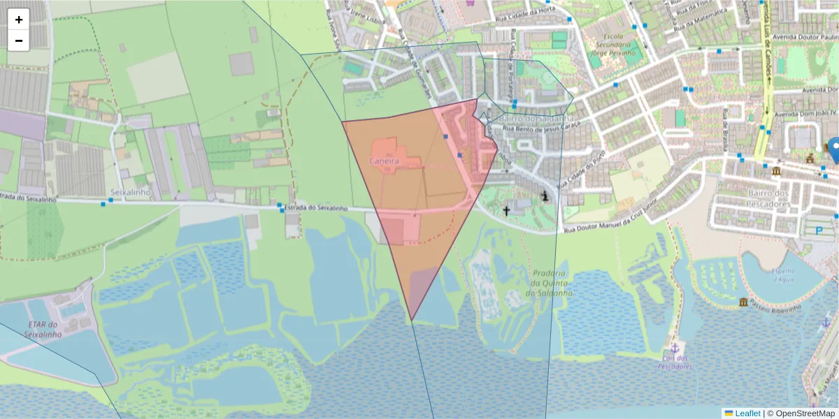 Mapa detalhado do código postal 2870-129 com limites, códigos postais vizinhos e agências dos correios