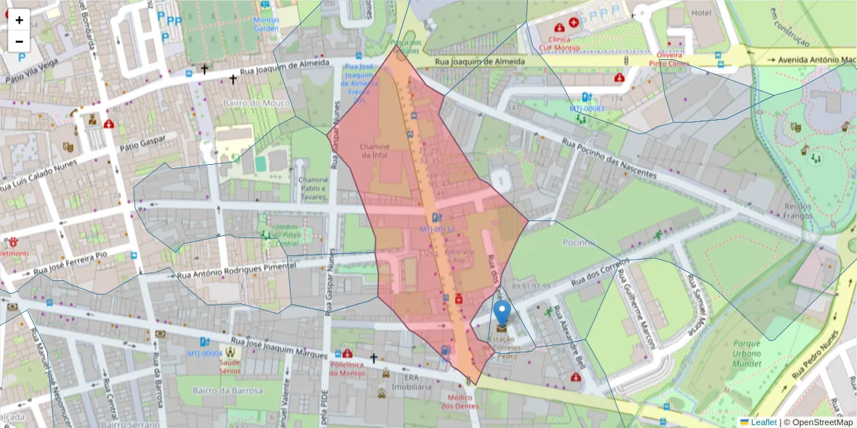 Mapa detalhado do código postal 2870-153 com limites, códigos postais vizinhos e agências dos correios