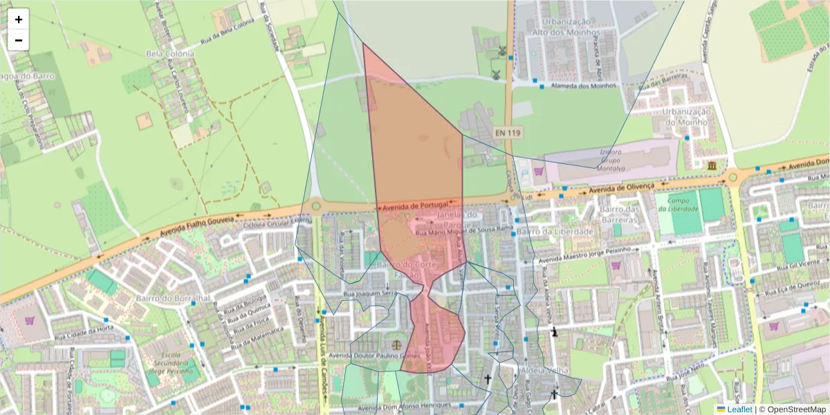 Mapa detalhado do código postal 2870-159 com limites, códigos postais vizinhos e agências dos correios