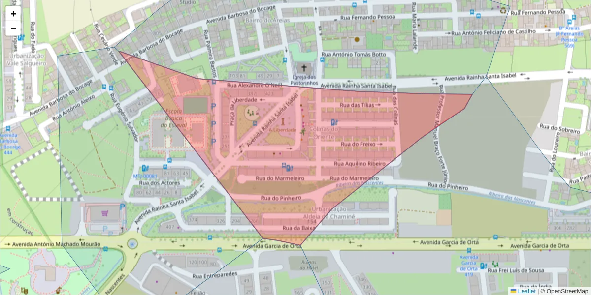 Mapa detalhado do código postal 2870-214 com limites, códigos postais vizinhos e agências dos correios