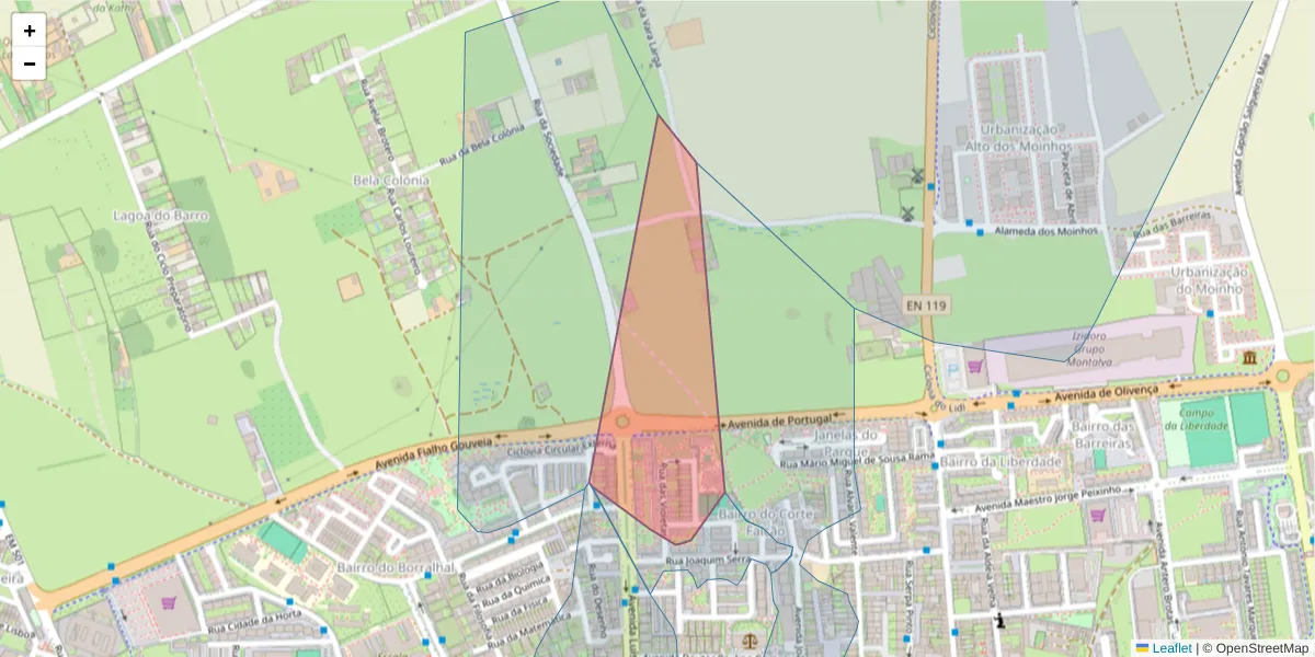 Mapa detalhado do código postal 2870-296 com limites, códigos postais vizinhos e agências dos correios