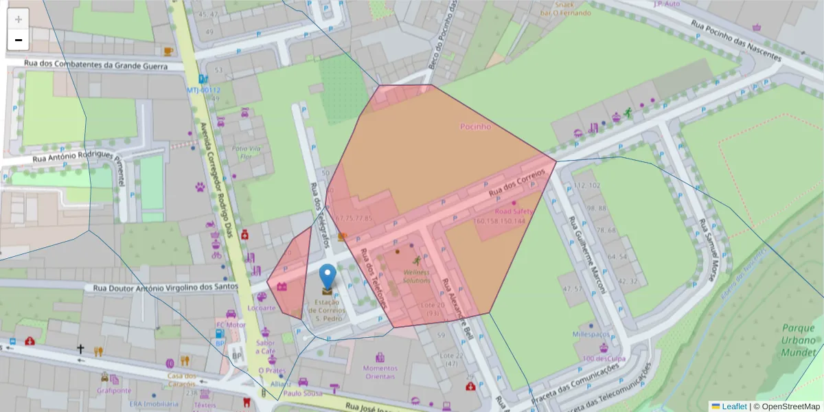 Mapa detalhado do código postal 2870-312 com limites, códigos postais vizinhos e agências dos correios