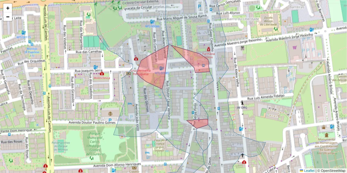 Mapa detalhado do código postal 2870-326 com limites, códigos postais vizinhos e agências dos correios