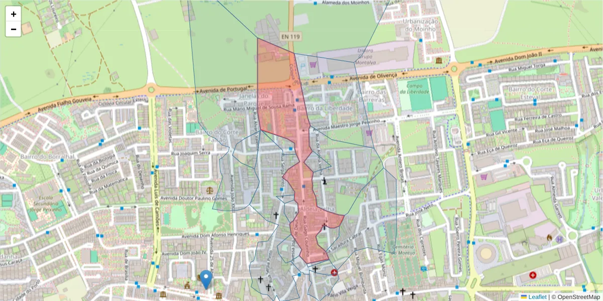 Mapa detalhado do código postal 2870-330 com limites, códigos postais vizinhos e agências dos correios