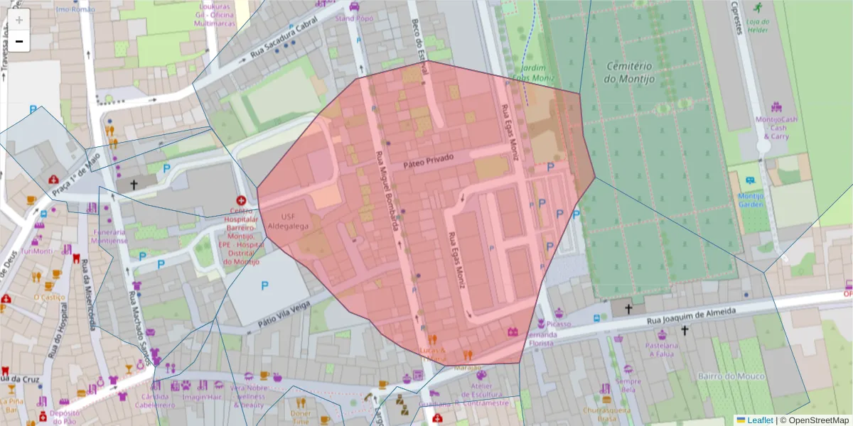 Mapa detalhado do código postal 2870-355 com limites, códigos postais vizinhos e agências dos correios