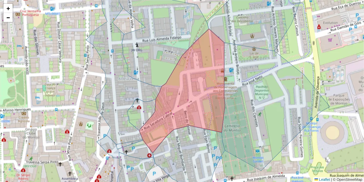Mapa detalhado do código postal 2870-361 com limites, códigos postais vizinhos e agências dos correios