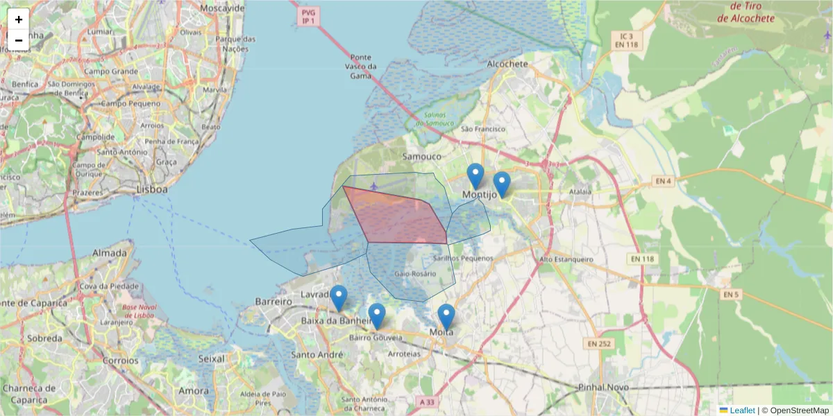 Mapa detalhado do código postal 2870-376 com limites, códigos postais vizinhos e agências dos correios