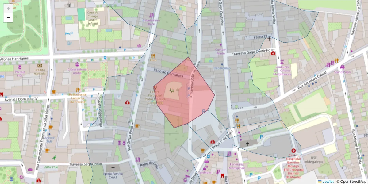 Mapa detalhado do código postal 2870-383 com limites, códigos postais vizinhos e agências dos correios