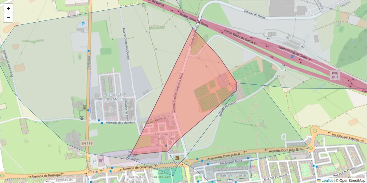 Mapa detalhado do código postal 2870-414 com limites, códigos postais vizinhos e agências dos correios