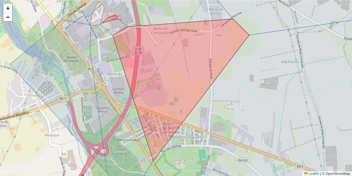 Mapa detalhado do código postal 2870-454 com limites, códigos postais vizinhos e agências dos correios