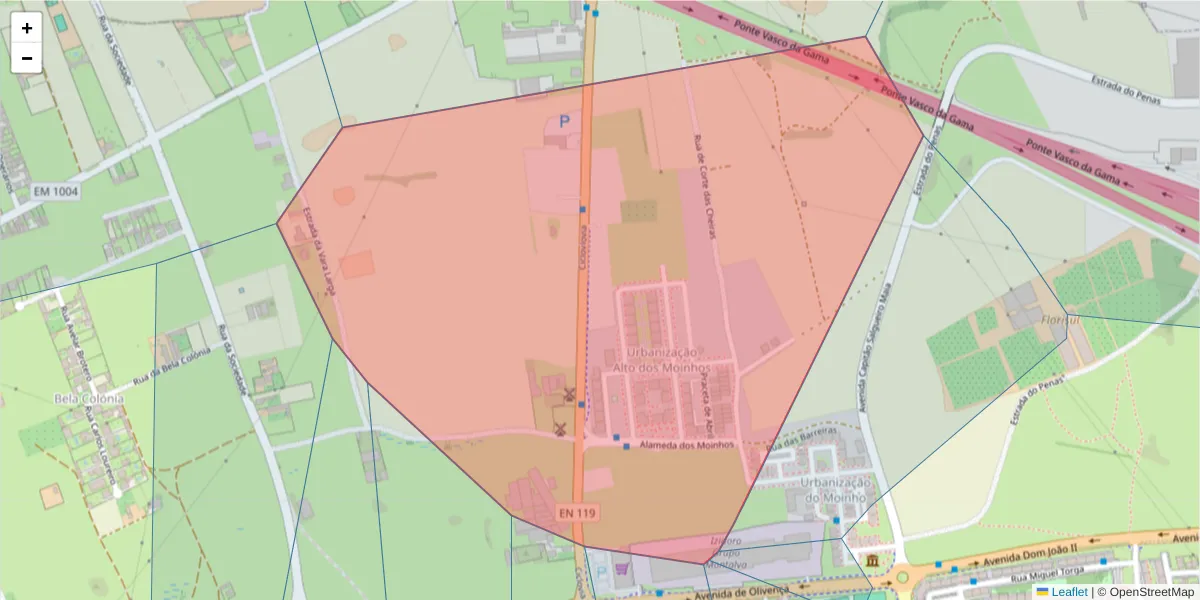 Mapa detalhado do código postal 2870-497 com limites, códigos postais vizinhos e agências dos correios