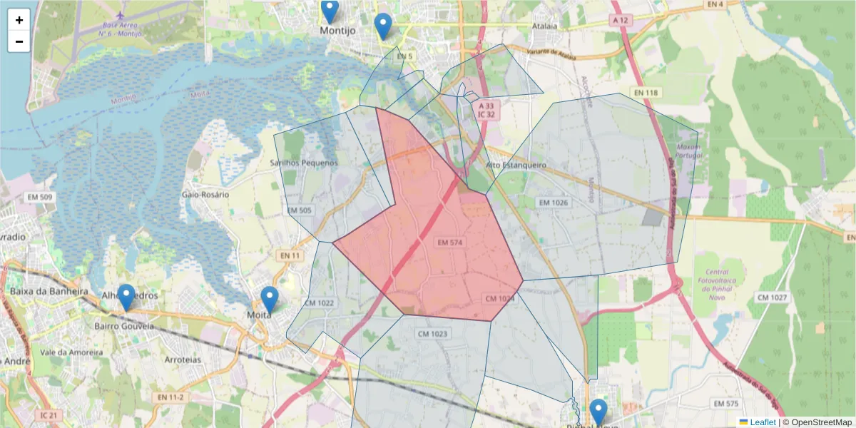 Mapa detalhado do código postal 2870-521 com limites, códigos postais vizinhos e agências dos correios