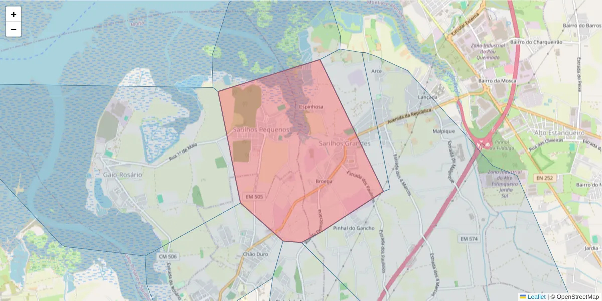Mapa detalhado do código postal 2870-525 com limites, códigos postais vizinhos e agências dos correios
