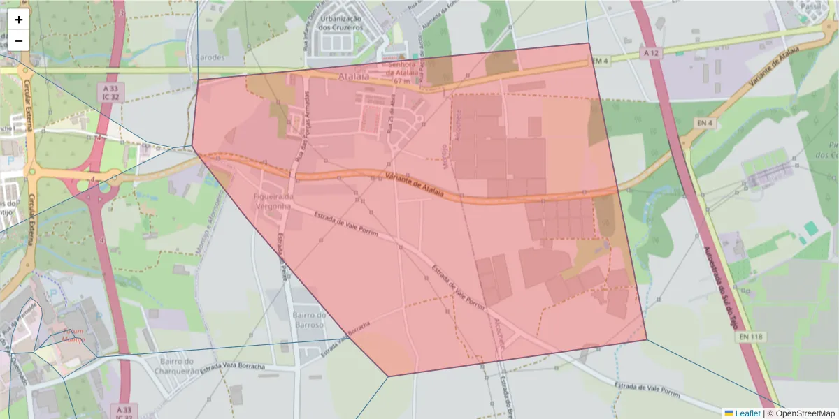 Mapa detalhado do código postal 2870-736 com limites, códigos postais vizinhos e agências dos correios
