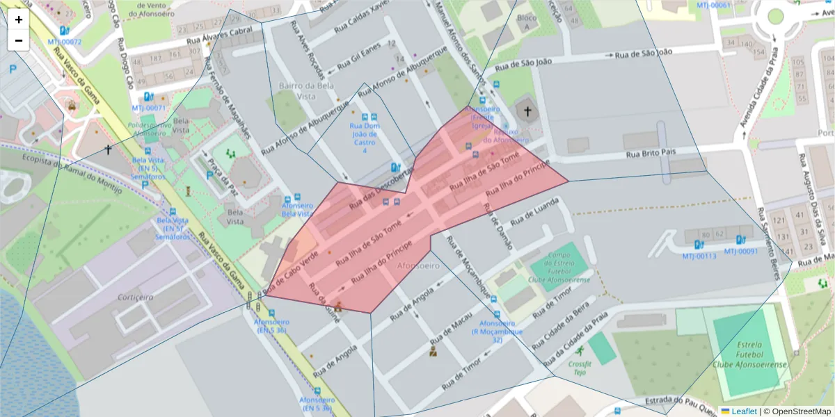 Mapa detalhado do código postal 2870-811 com limites, códigos postais vizinhos e agências dos correios