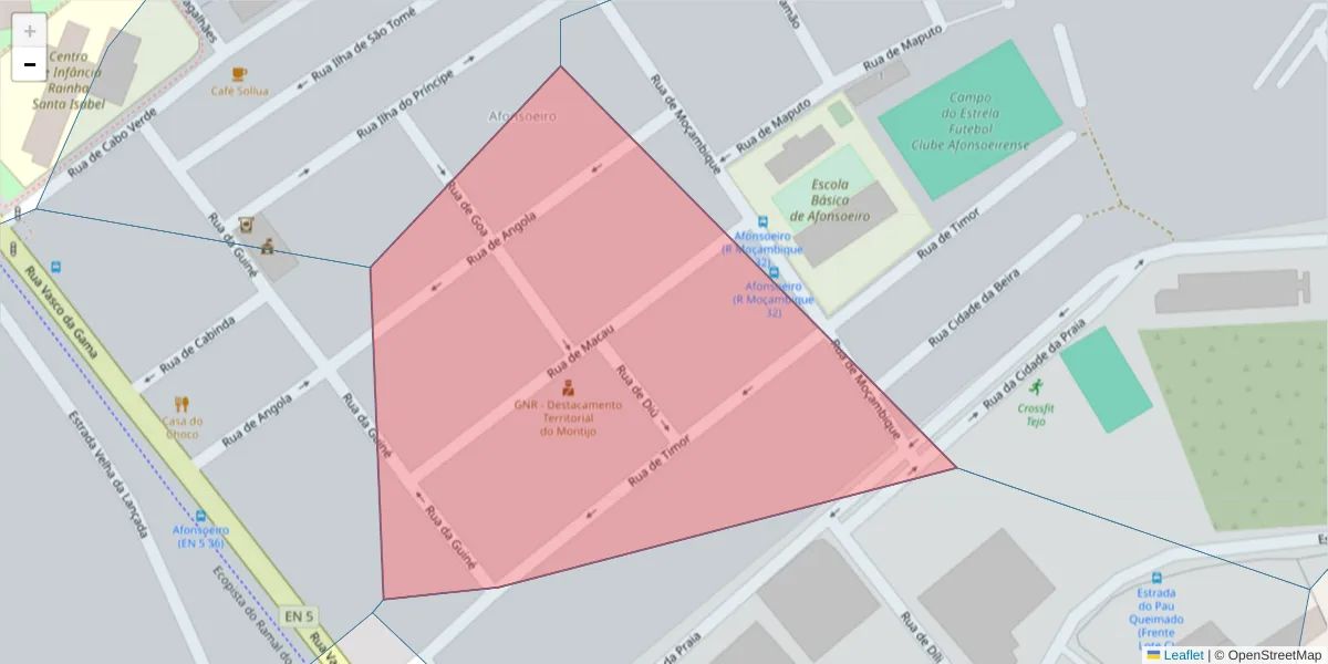 Mapa detalhado do código postal 2870-817 com limites, códigos postais vizinhos e agências dos correios