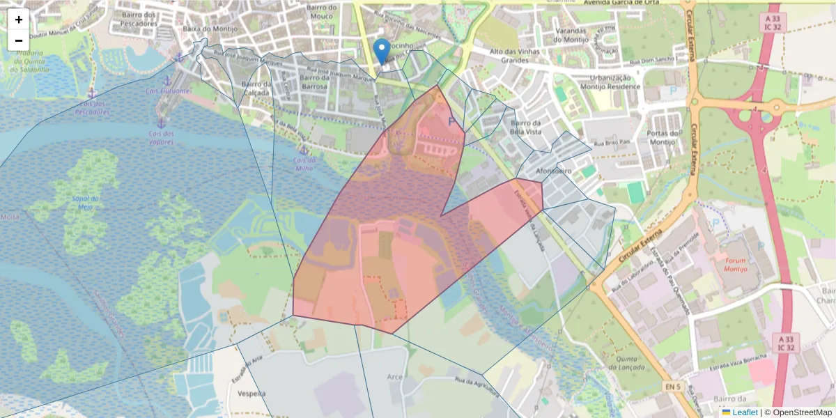 Mapa detalhado do código postal 2870-823 com limites, códigos postais vizinhos e agências dos correios