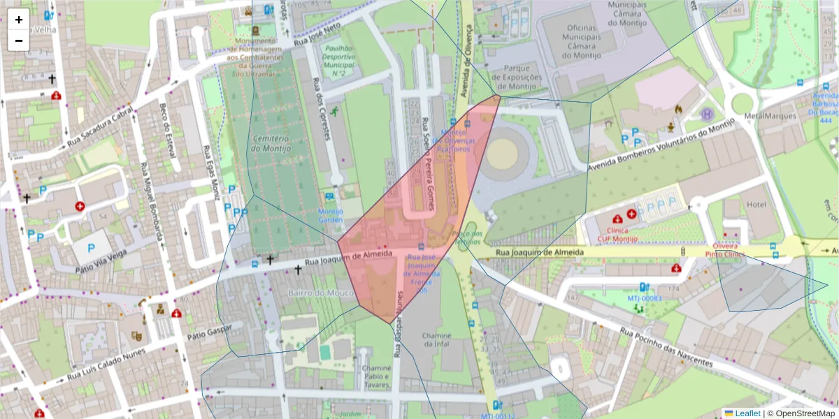 Mapa detalhado do código postal 2870-832 com limites, códigos postais vizinhos e agências dos correios