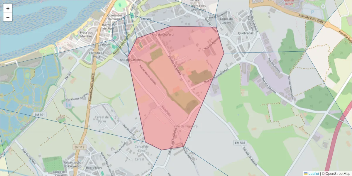 Mapa detalhado do código postal 2890-007 com limites, códigos postais vizinhos e agências dos correios