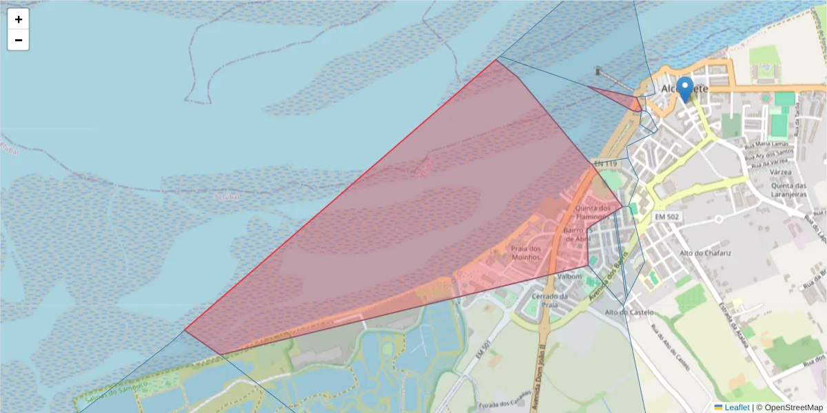 Mapa detalhado do código postal 2890-014 com limites, códigos postais vizinhos e agências dos correios