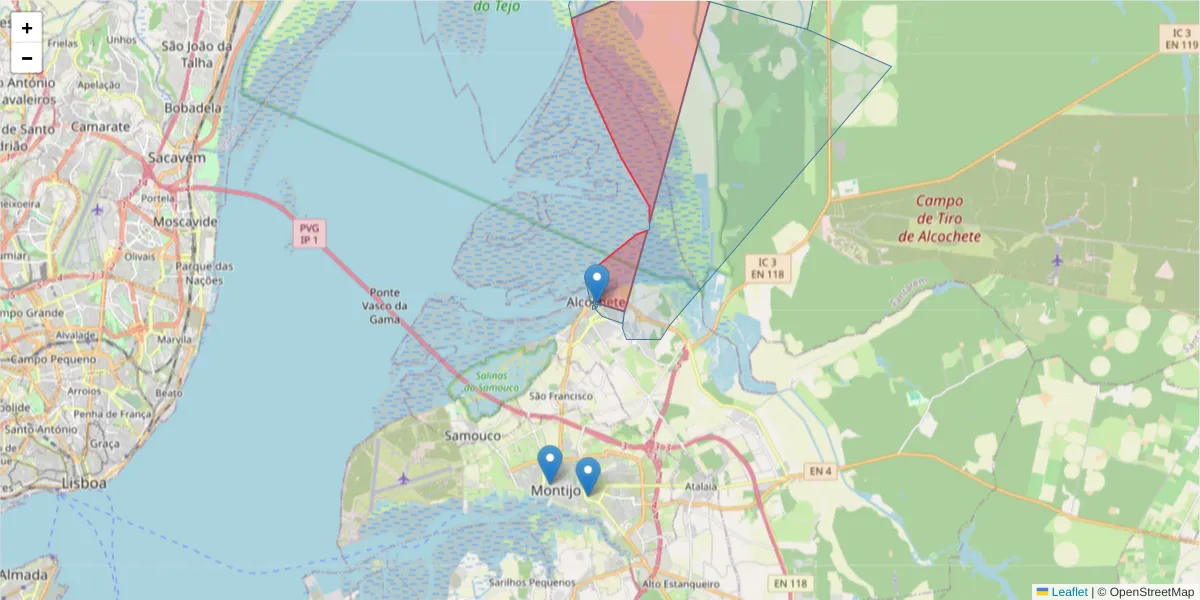 Mapa detalhado do código postal 2890-021 com limites, códigos postais vizinhos e agências dos correios