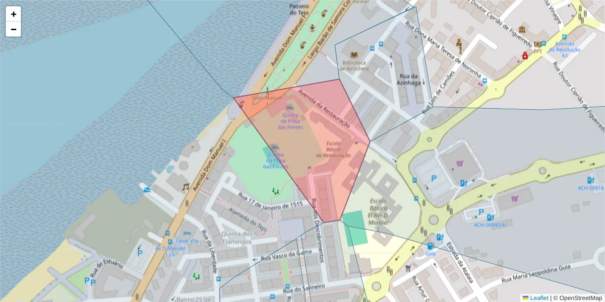 Mapa detalhado do código postal 2890-032 com limites, códigos postais vizinhos e agências dos correios