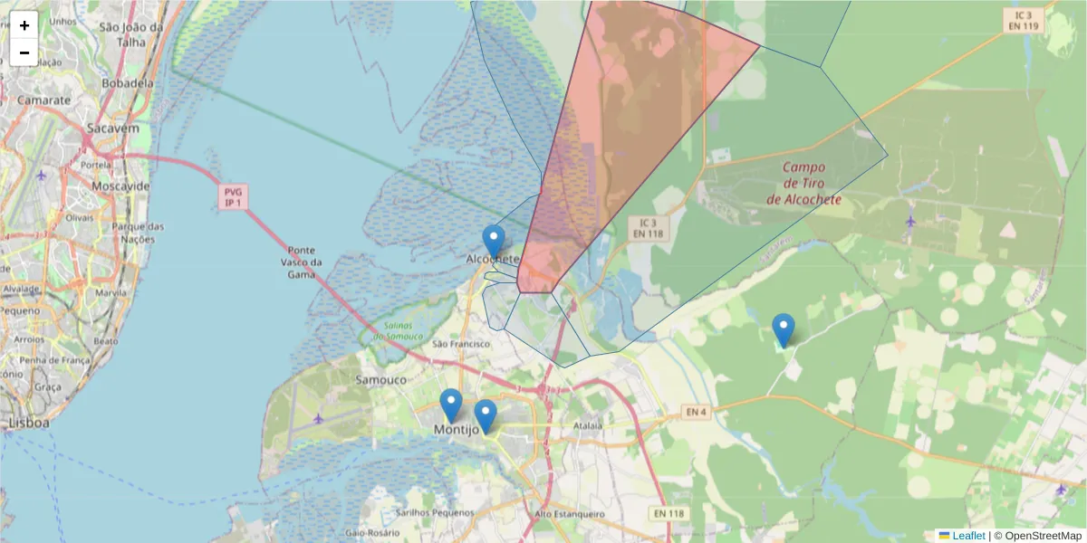 Mapa detalhado do código postal 2890-154 com limites, códigos postais vizinhos e agências dos correios