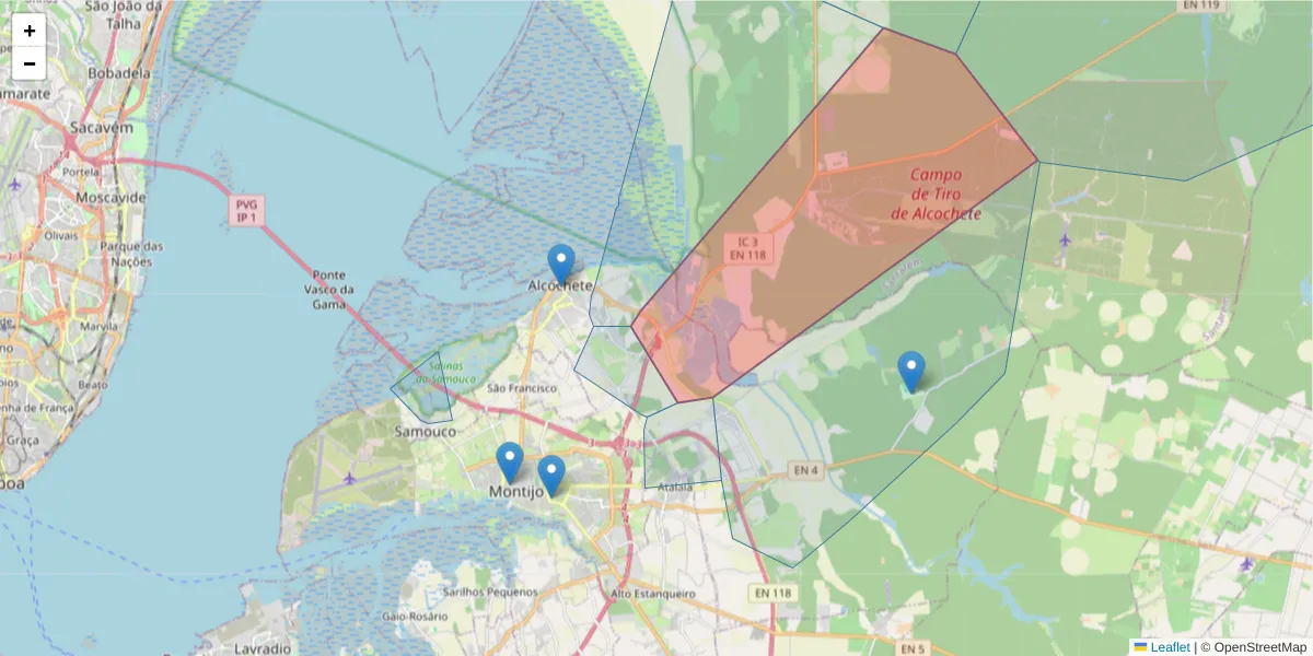 Mapa detalhado do código postal 2890-164 com limites, códigos postais vizinhos e agências dos correios