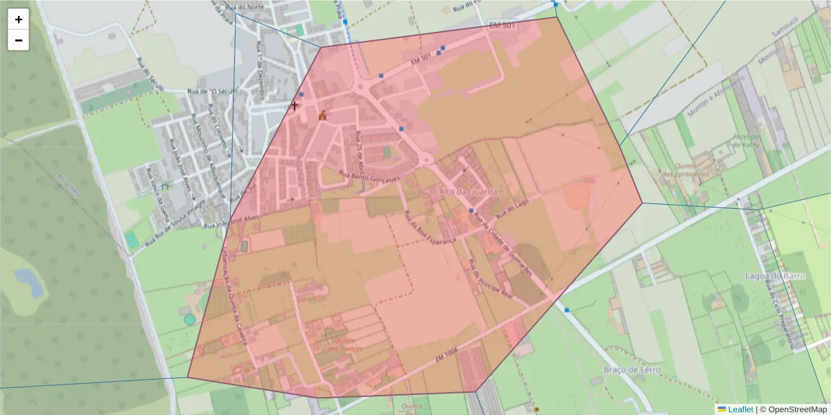 Mapa detalhado do código postal 2890-209 com limites, códigos postais vizinhos e agências dos correios
