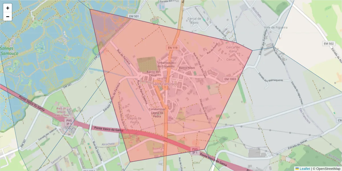 Mapa detalhado do código postal 2890-342 com limites, códigos postais vizinhos e agências dos correios
