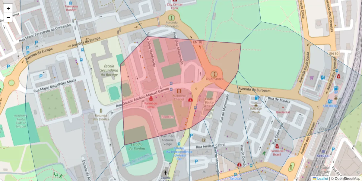 Mapa detalhado do código postal 2900-056 com limites, códigos postais vizinhos e agências dos correios