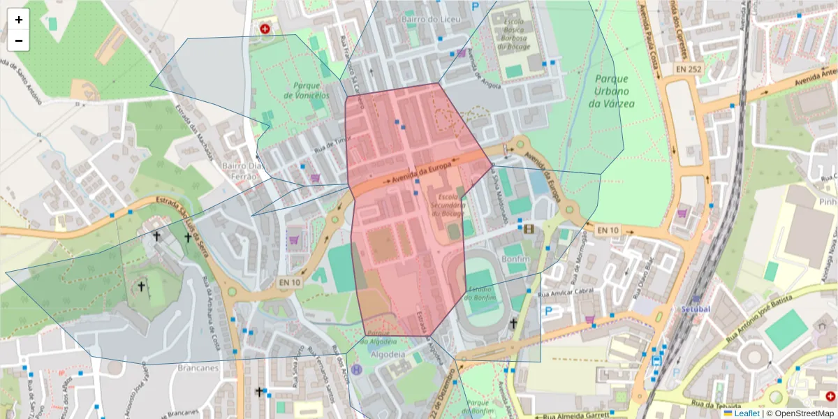 Mapa detalhado do código postal 2900-058 com limites, códigos postais vizinhos e agências dos correios