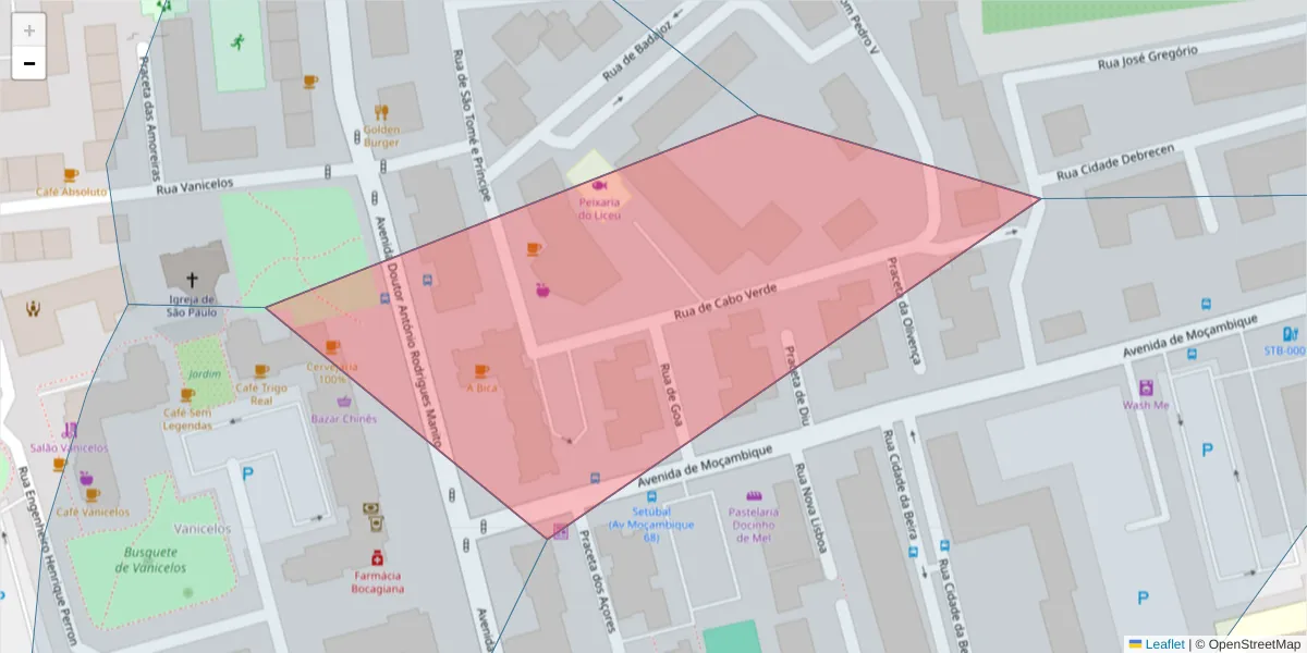 Mapa detalhado do código postal 2900-068 com limites, códigos postais vizinhos e agências dos correios