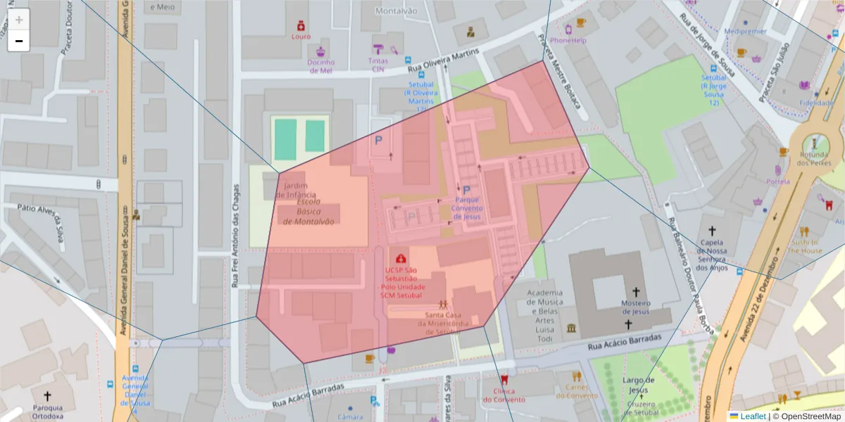 Mapa detalhado do código postal 2900-096 com limites, códigos postais vizinhos e agências dos correios