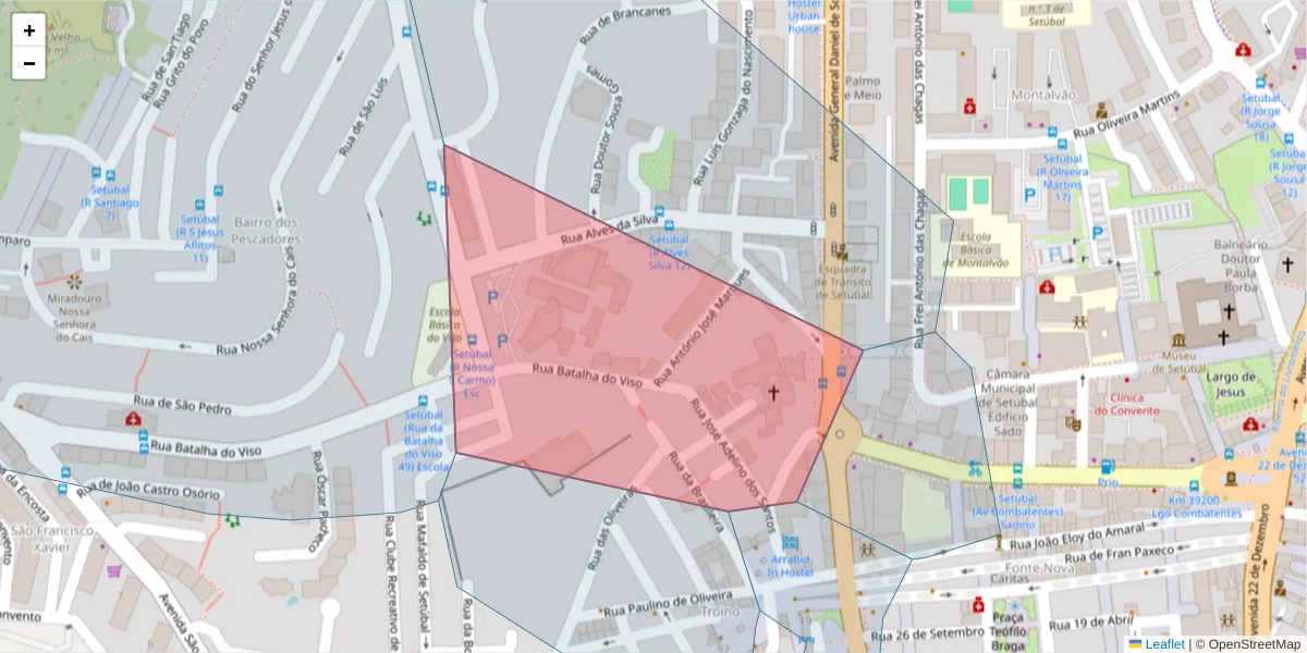 Mapa detalhado do código postal 2900-111 com limites, códigos postais vizinhos e agências dos correios