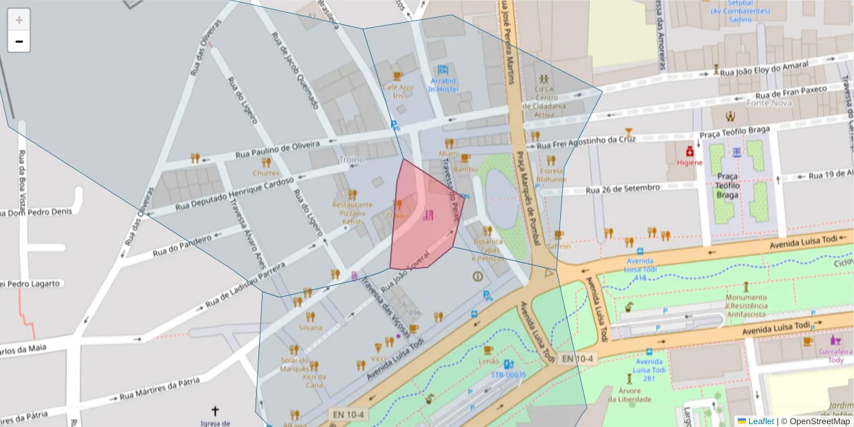 Mapa detalhado do código postal 2900-180 com limites, códigos postais vizinhos e agências dos correios