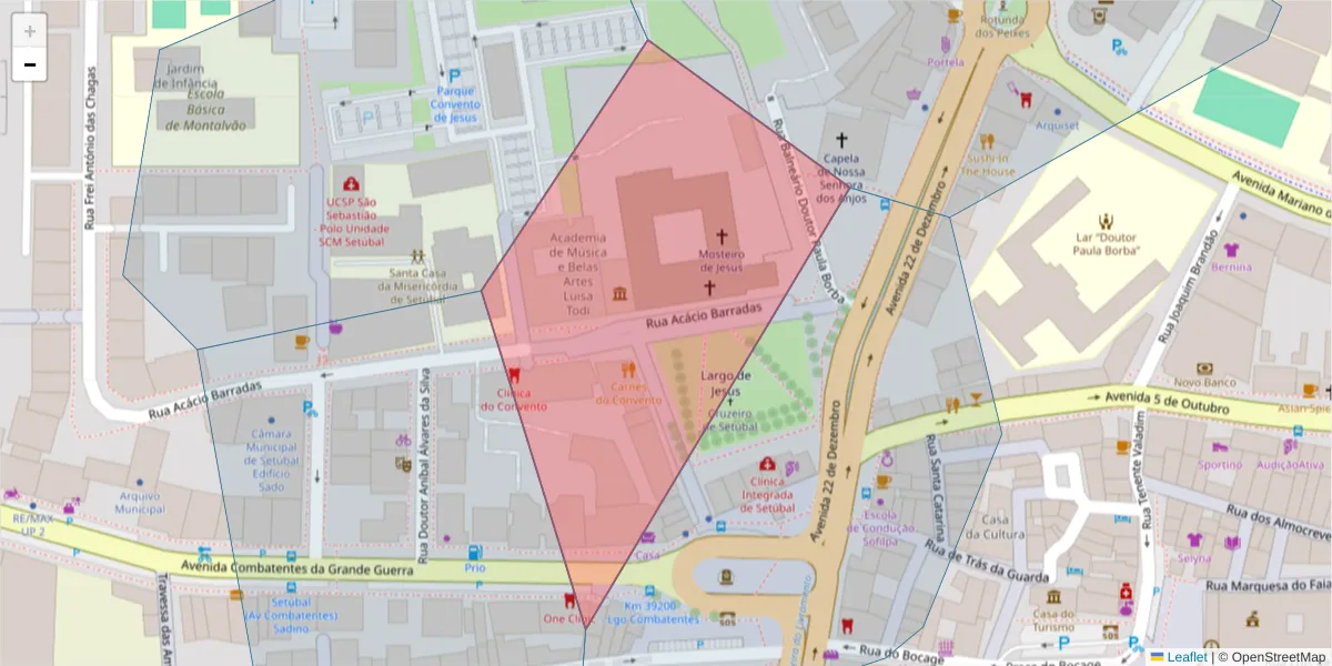 Mapa detalhado do código postal 2900-197 com limites, códigos postais vizinhos e agências dos correios