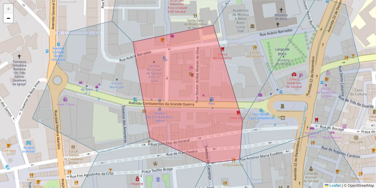 Mapa detalhado do código postal 2900-227 com limites, códigos postais vizinhos e agências dos correios