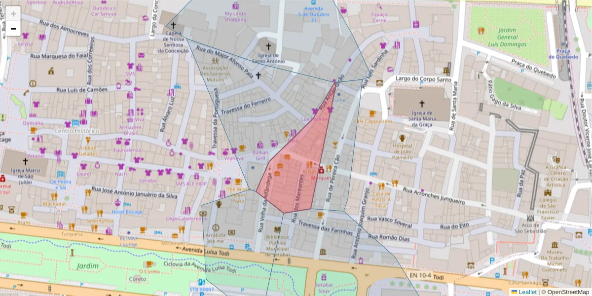 Mapa detalhado do código postal 2900-251 com limites, códigos postais vizinhos e agências dos correios
