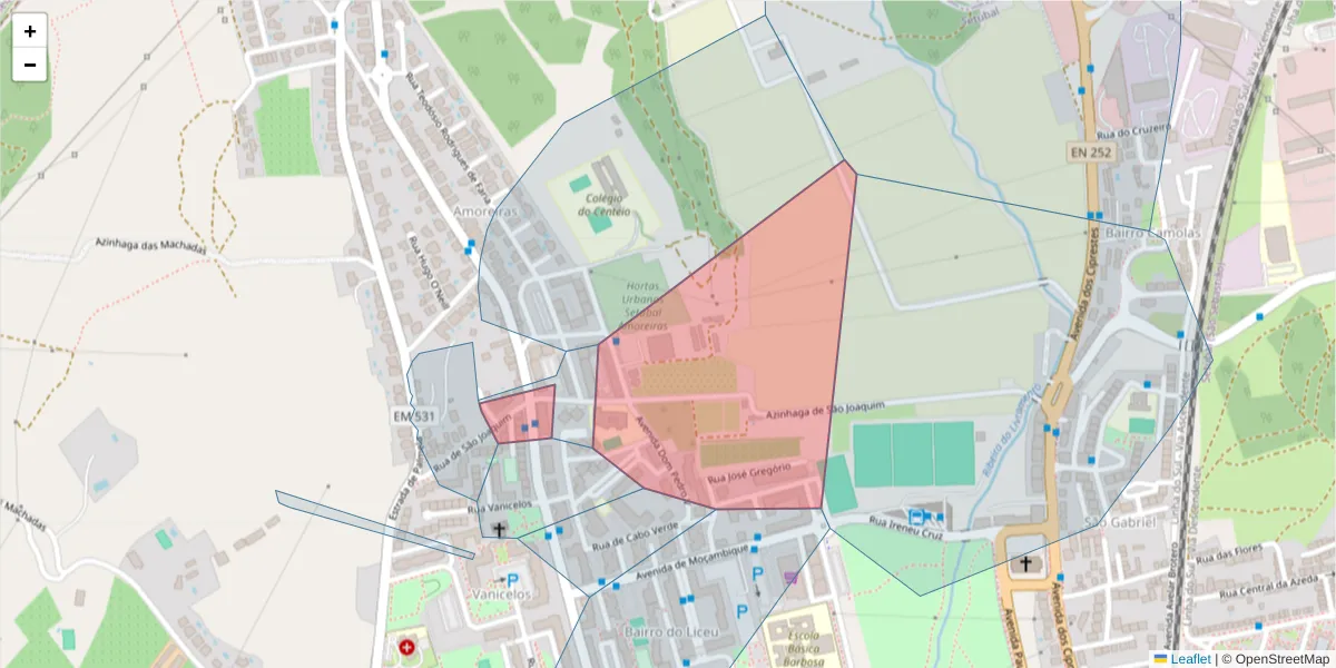 Mapa detalhado do código postal 2900-305 com limites, códigos postais vizinhos e agências dos correios