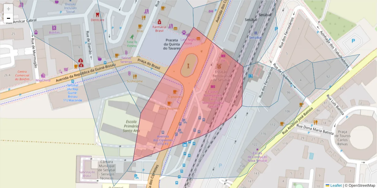 Mapa detalhado do código postal 2900-319 com limites, códigos postais vizinhos e agências dos correios