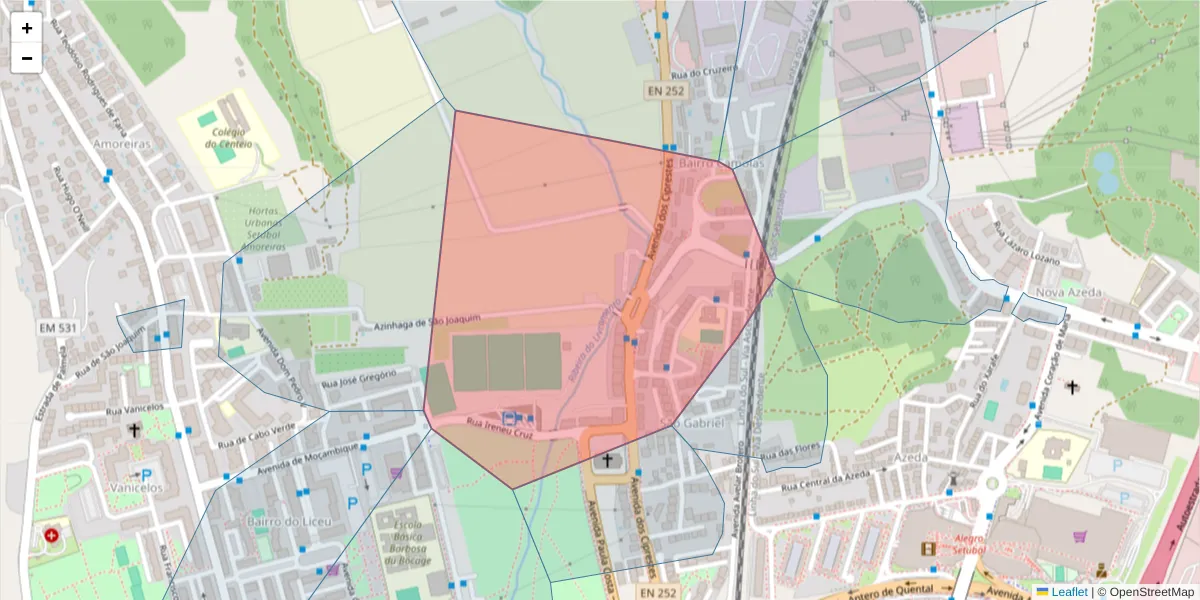 Mapa detalhado do código postal 2900-322 com limites, códigos postais vizinhos e agências dos correios